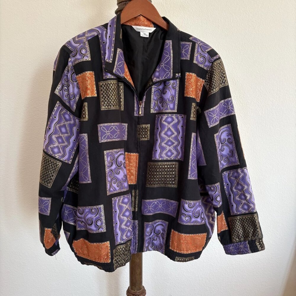 Draper's & Damon's Women's Size 2X Black/Purple Mosaic Tile Bomber Jacket